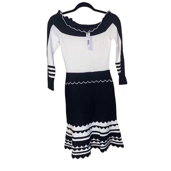 Yigal Azrouel Inc Black & White Striped Off Shoulder Knit Dress - Picture 3 of 14